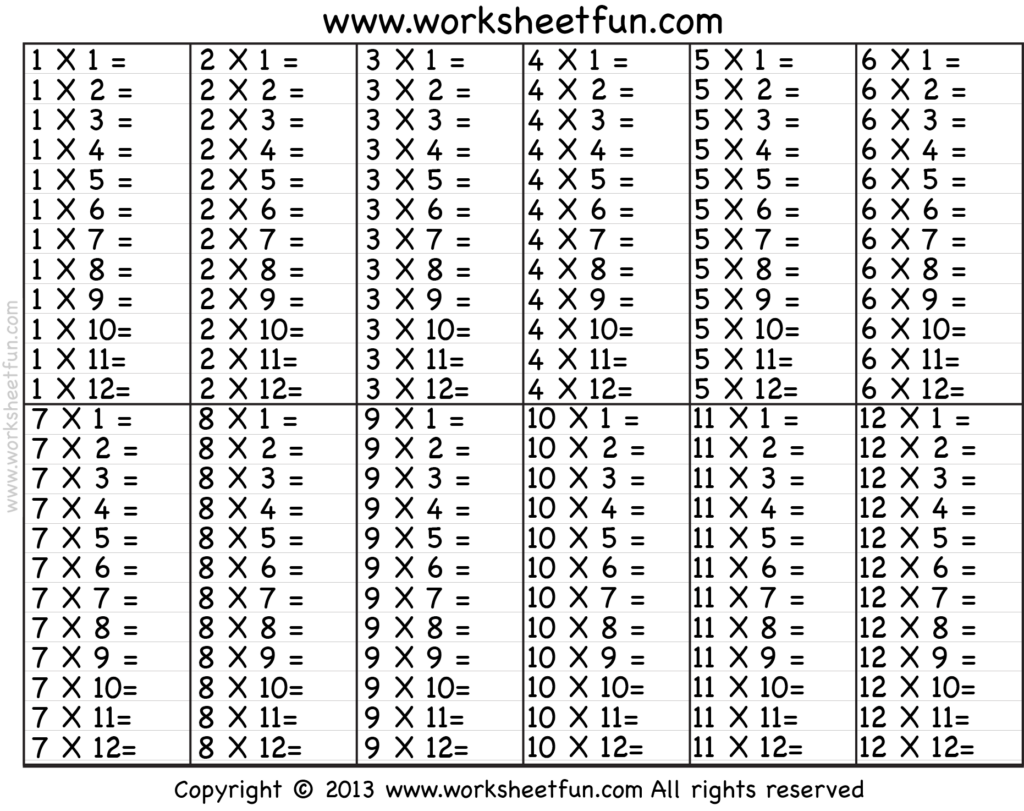 12 Times Table Sheet No Answers