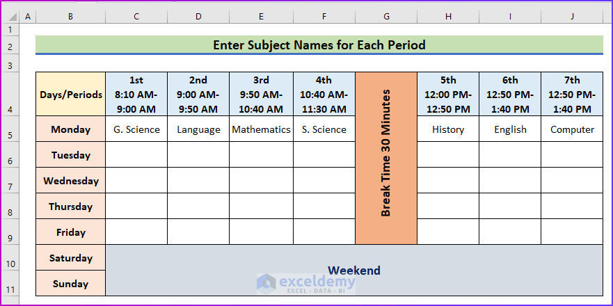 How To Make A School Time Table In Excel with Easy Steps 