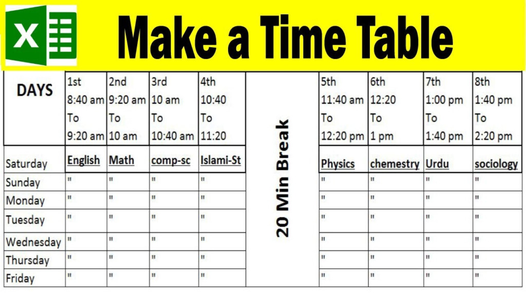 How To Make A Timetable In Excel Students Class Time Table In Excel 