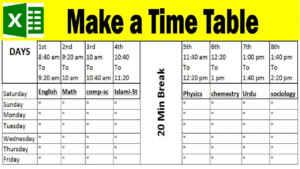 How To Make A Timetable In Excel Students Class Time Table In Excel