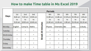 How To Make Time Table In Microsoft Excel 2019 School Time Table In