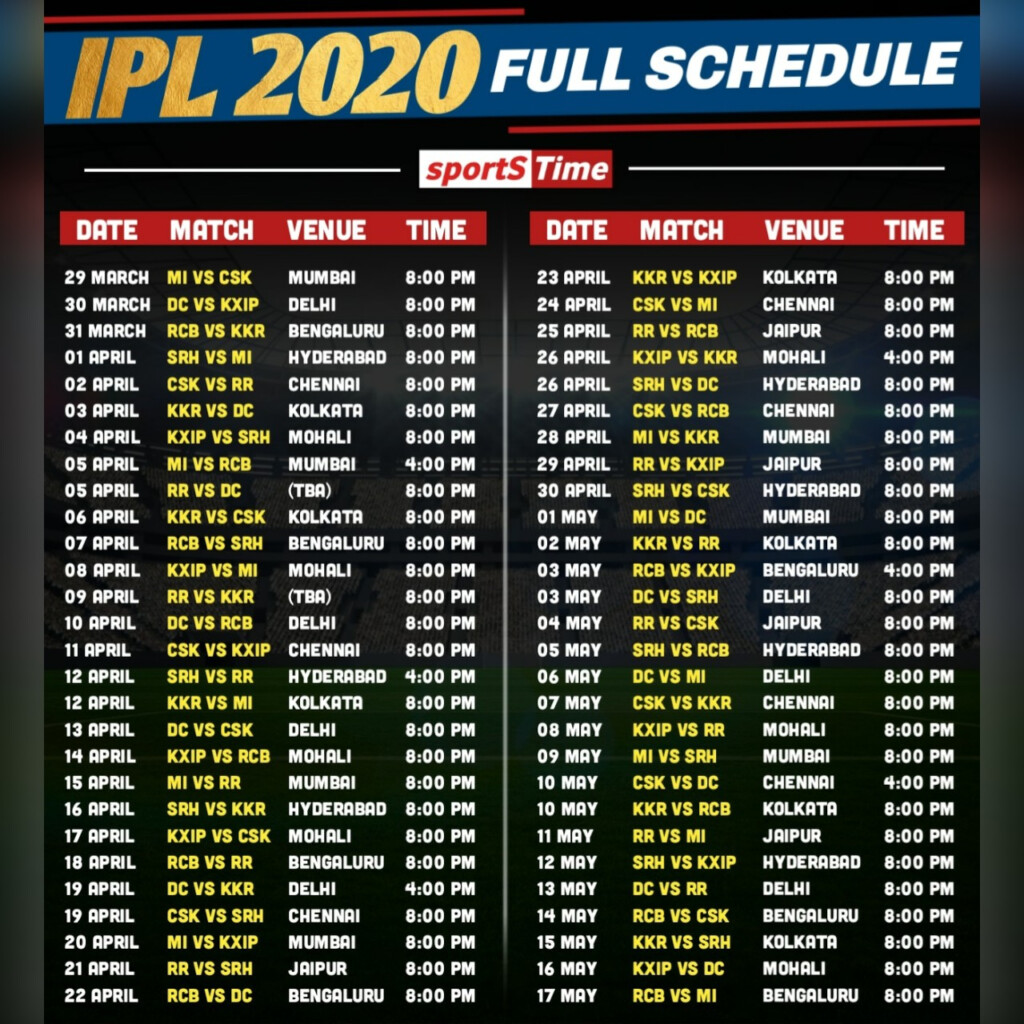 IPL 2020 Match Date List All Star Match Schedule