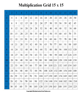 Multiplication Chart 15x15 Times Tables Grid