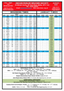 Namaz Timetables August Sept Oct November IMWS Indian Muslim