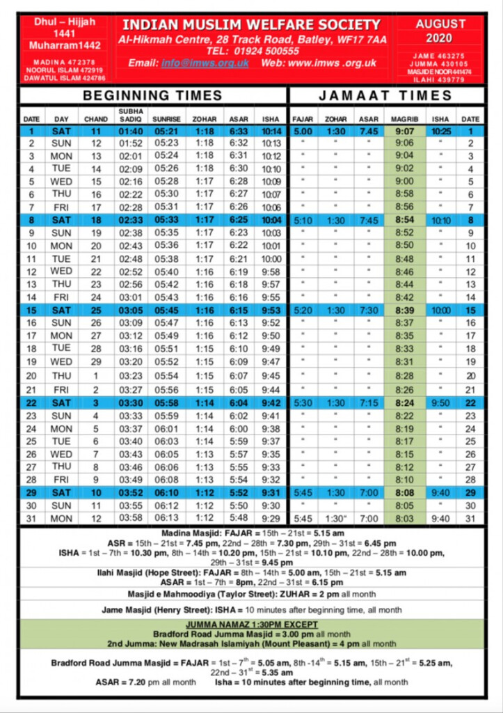 Namaz Timetables August Sept Oct November IMWS Indian Muslim 