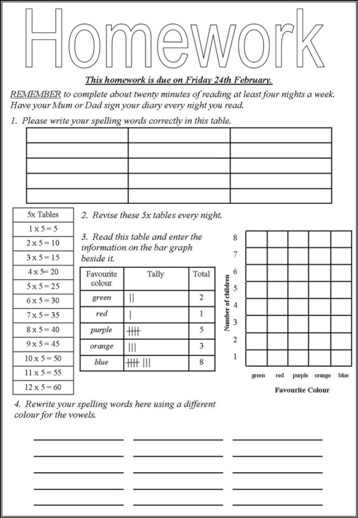 Printable Homework Sheets Homework Sheet Worksheets For Of Charts