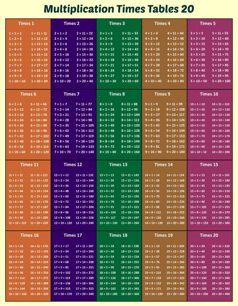 Printable Multiplication Chart To 20 Multiplication Chart Math Fact 